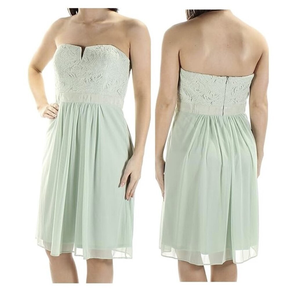 Adrianna Papell Lace Strapless Knee Length Chiffon Shift Green Dress
